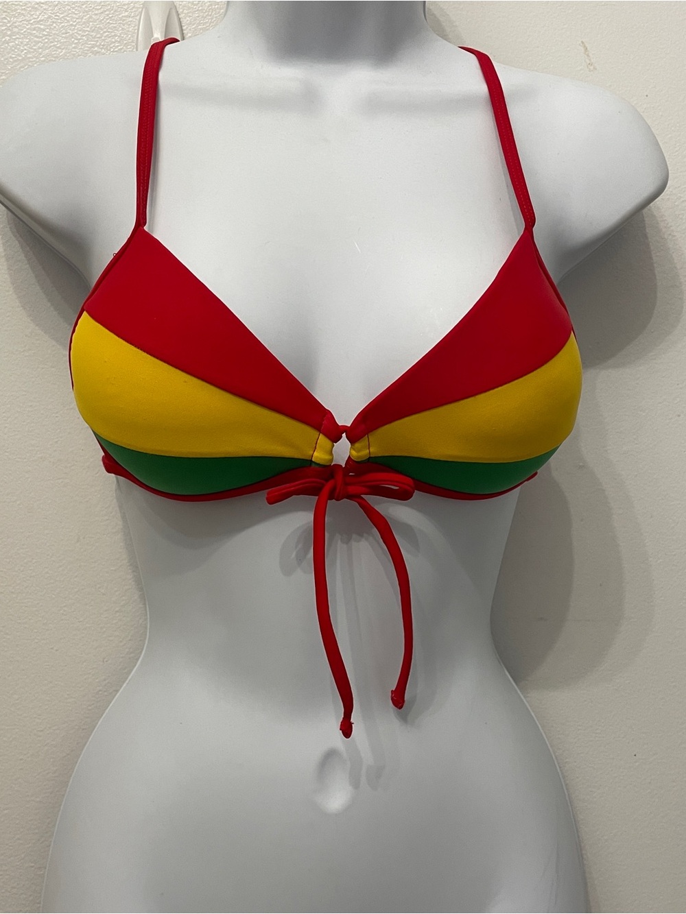 Hot Topic Red Yellow Green Striped Tie-Front Bikini Top